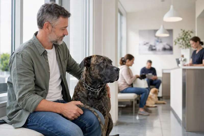 Presa Canario sitzt ruhig neben seinem Besitzer im hellen Wartezimmer einer modernen Tierarztpraxis.